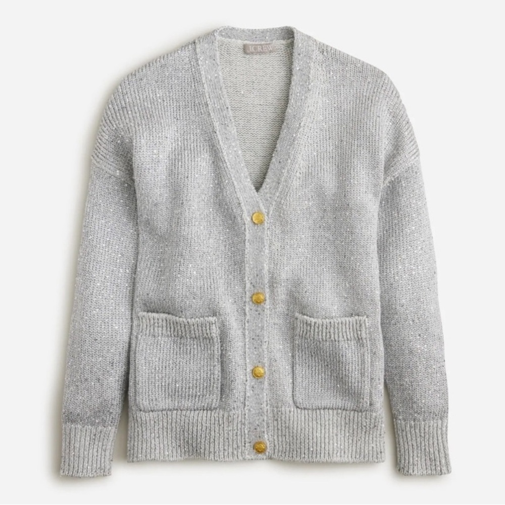 J. Crew Dove Gray Cardigan with Sequins and Gold Buttons Small